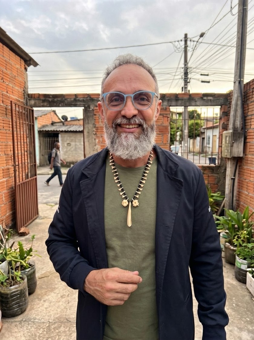 Anderson Cerceau, psicanalista da Casa Camomila, numa rua de periferia