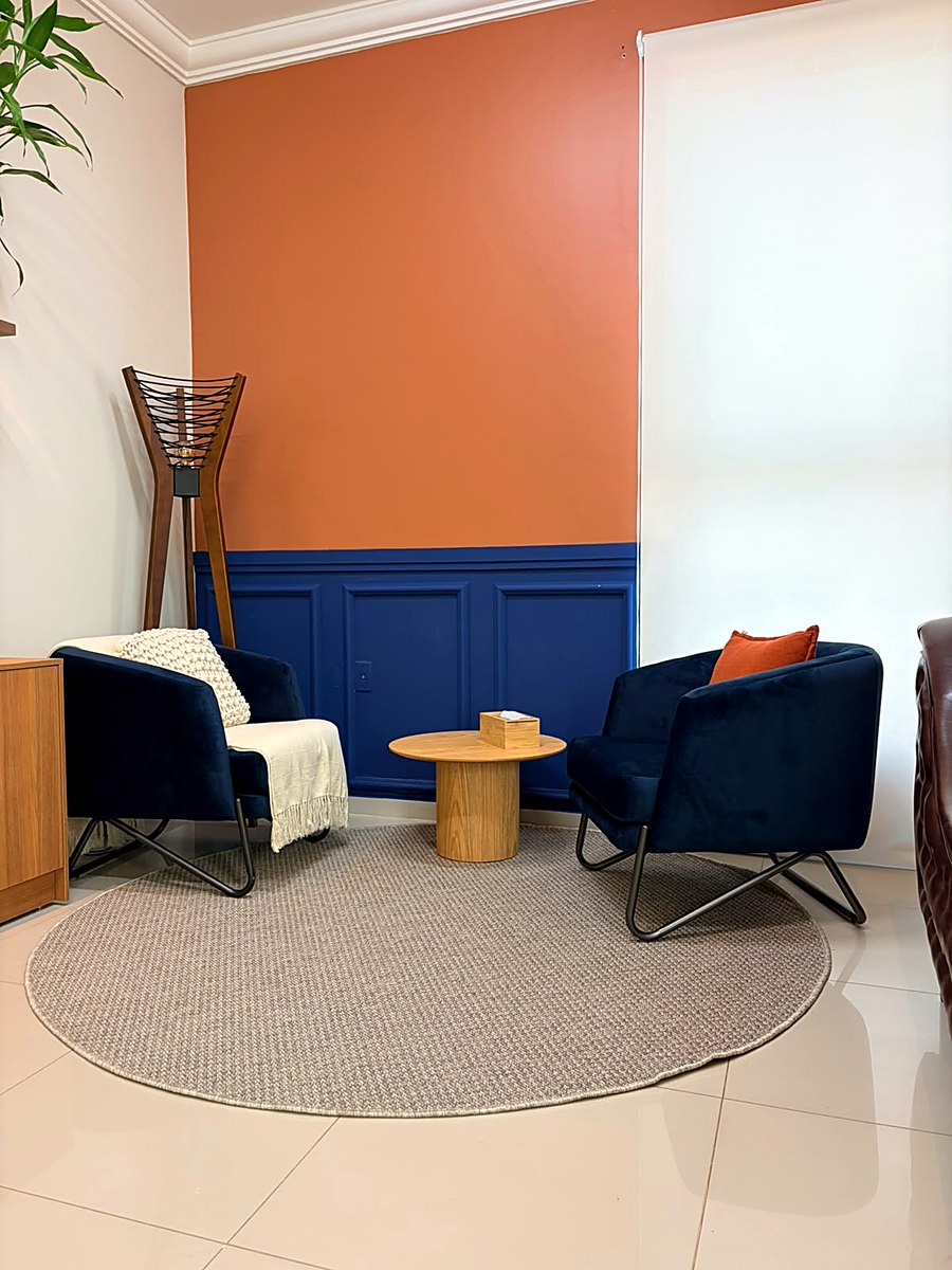 Sala de atendimento da Casa Camomila, em Paragominas, com poltronas e parede terracota e azul